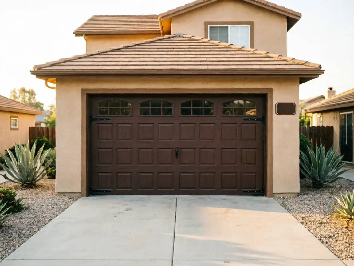 A brown garage door with windows is on a tan house with a concrete driveway.