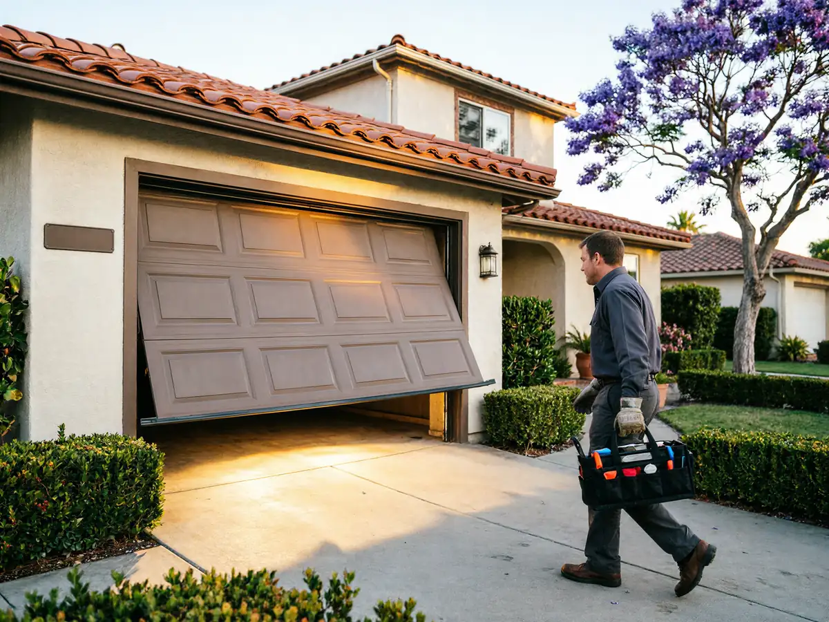 A technician walks toward a house with a partially open garage door.