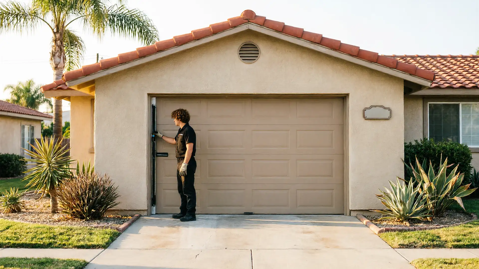 A technician adjusts a tan garage door on a stucco house with a red tile roof.
