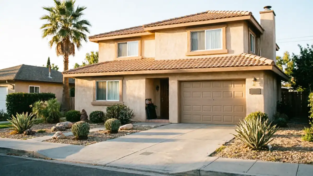 The house has a two-car garage with a brown sectional garage door.