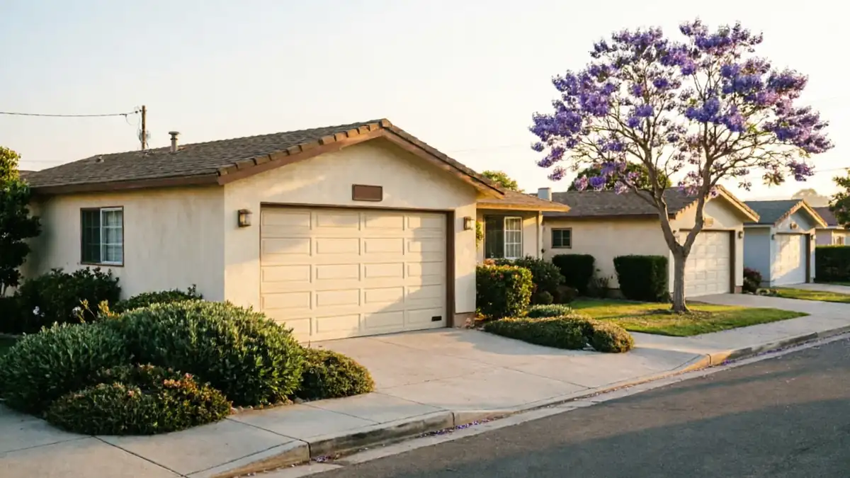 A row of houses with beige garage doors and a purple flowering tree.