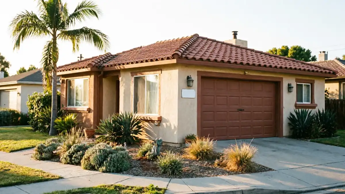 A brown garage door is on a beige house with a red tile roof.