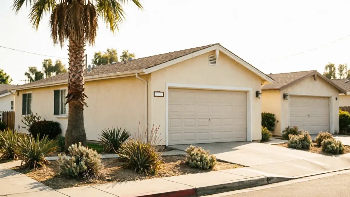 Two beige garage doors are on two light-colored houses with palm trees.