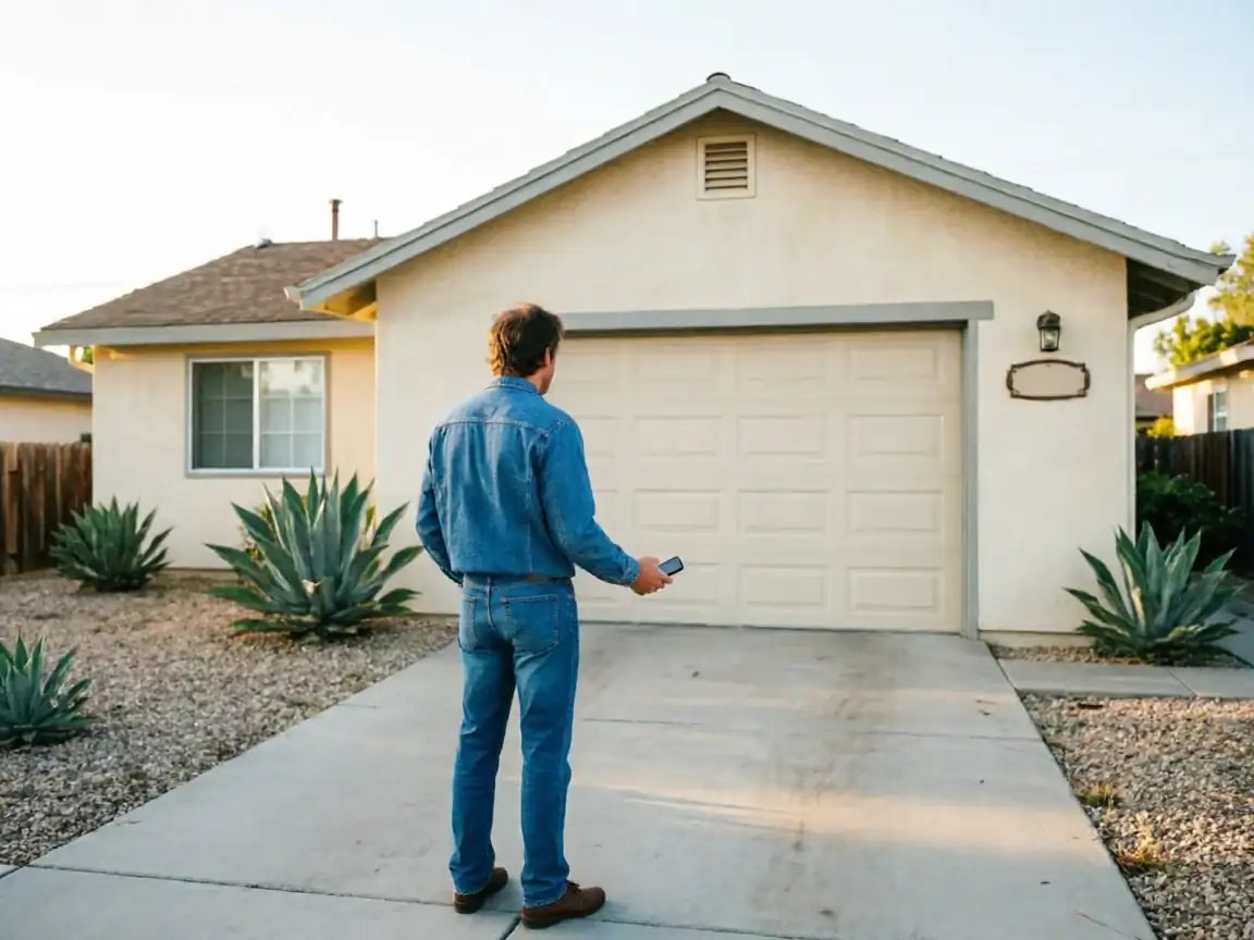 A man in a denim outfit holds a garage door opener in front of a house.