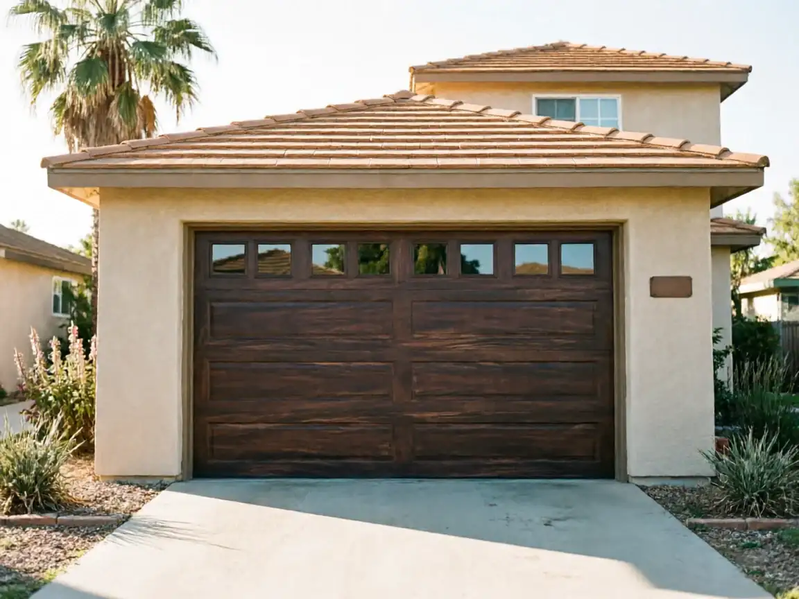 A dark brown garage door with windows is on a tan house.