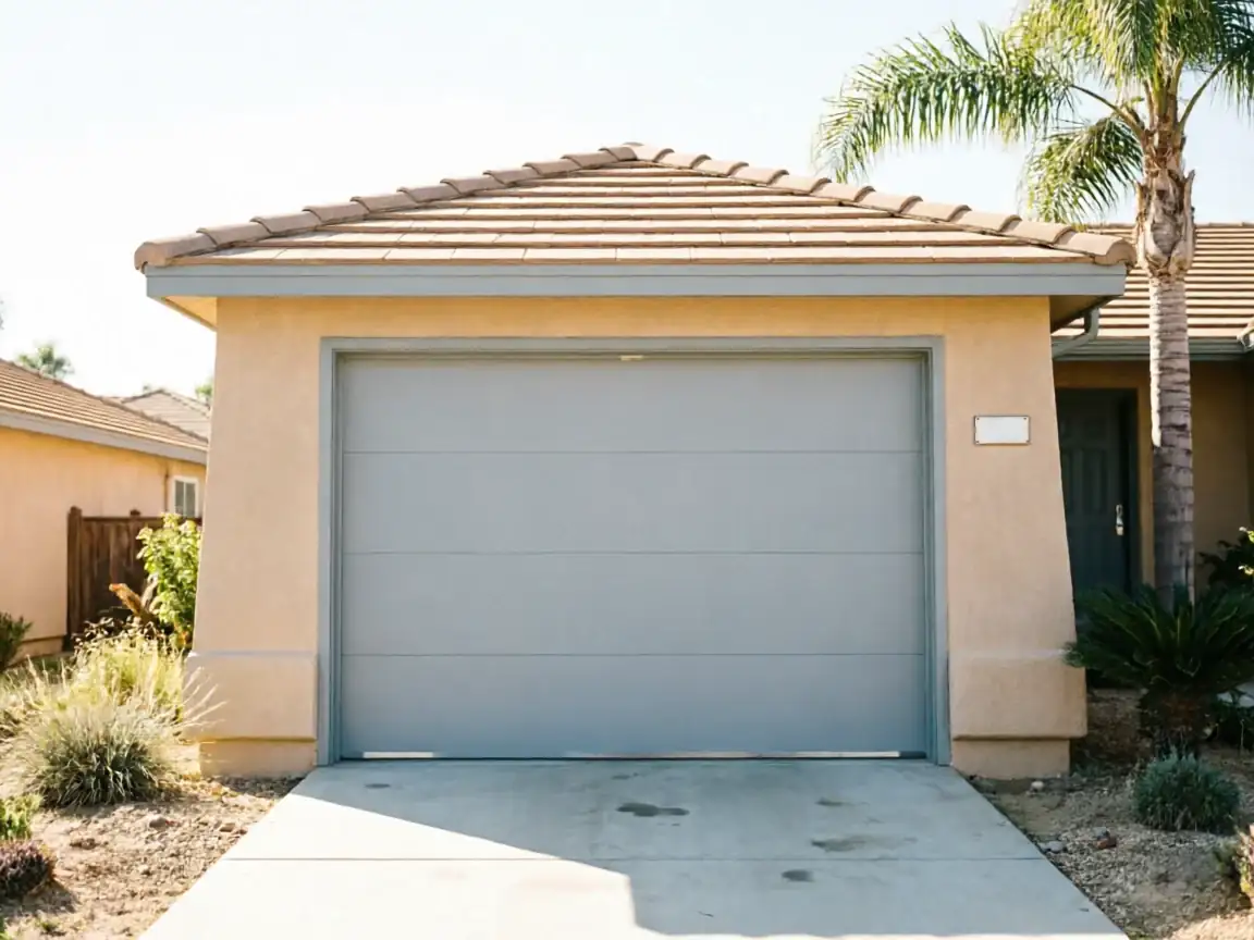 A gray garage door on a tan house with a tiled roof.