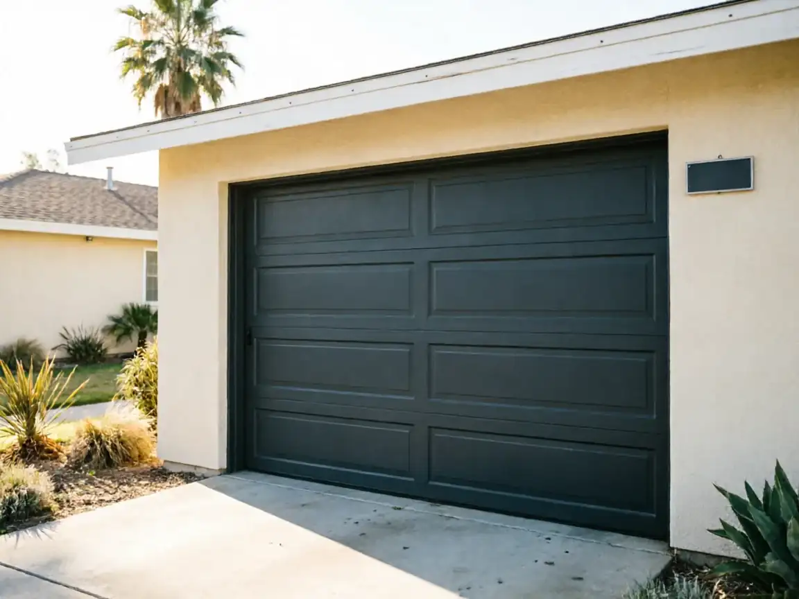 A dark gray paneled garage door on a light-colored house with landscaping.