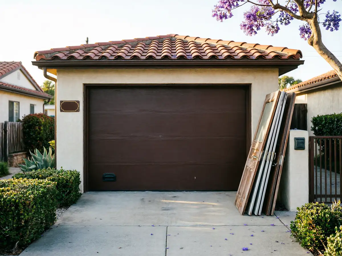 A brown garage door is on a house with a tiled roof and purple flowers.