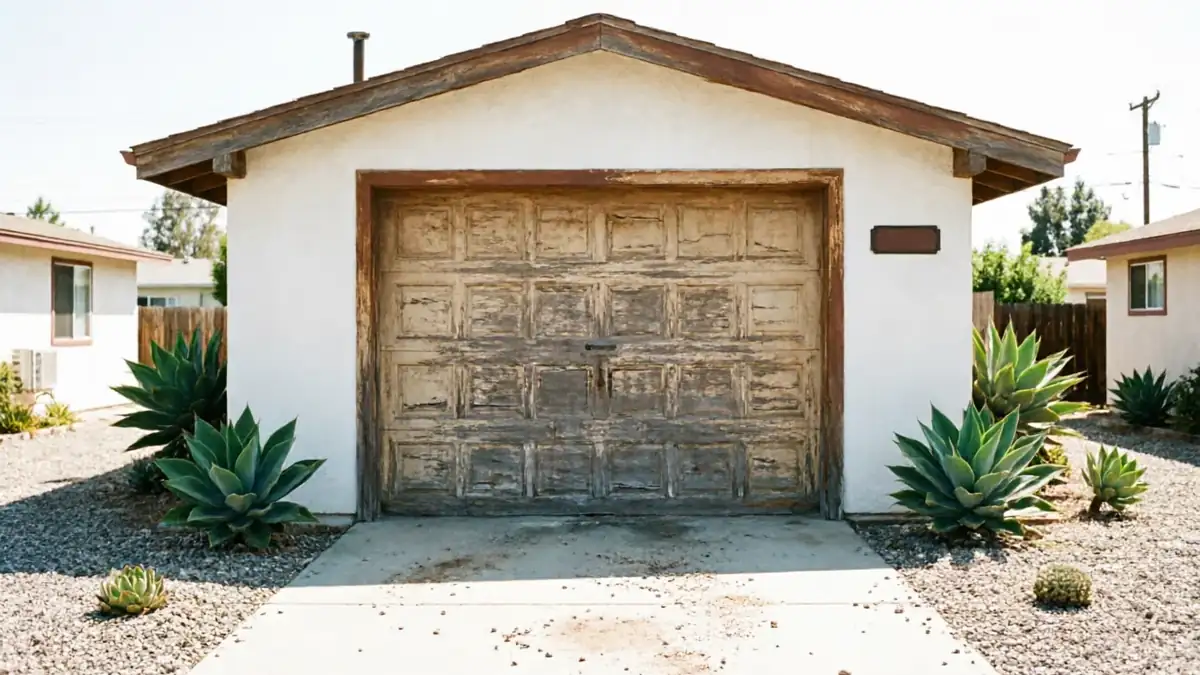 A weathered wooden garage door on a white stucco garage with agave plants.