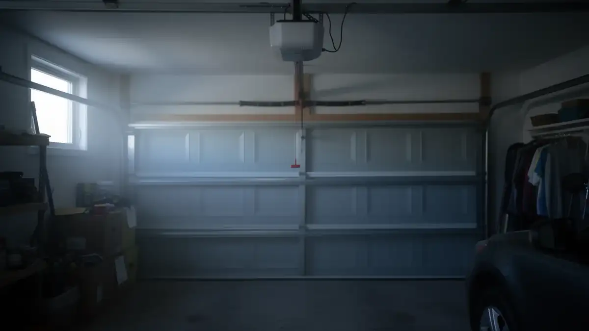 A closed white garage door is visible from inside a garage with an opener.