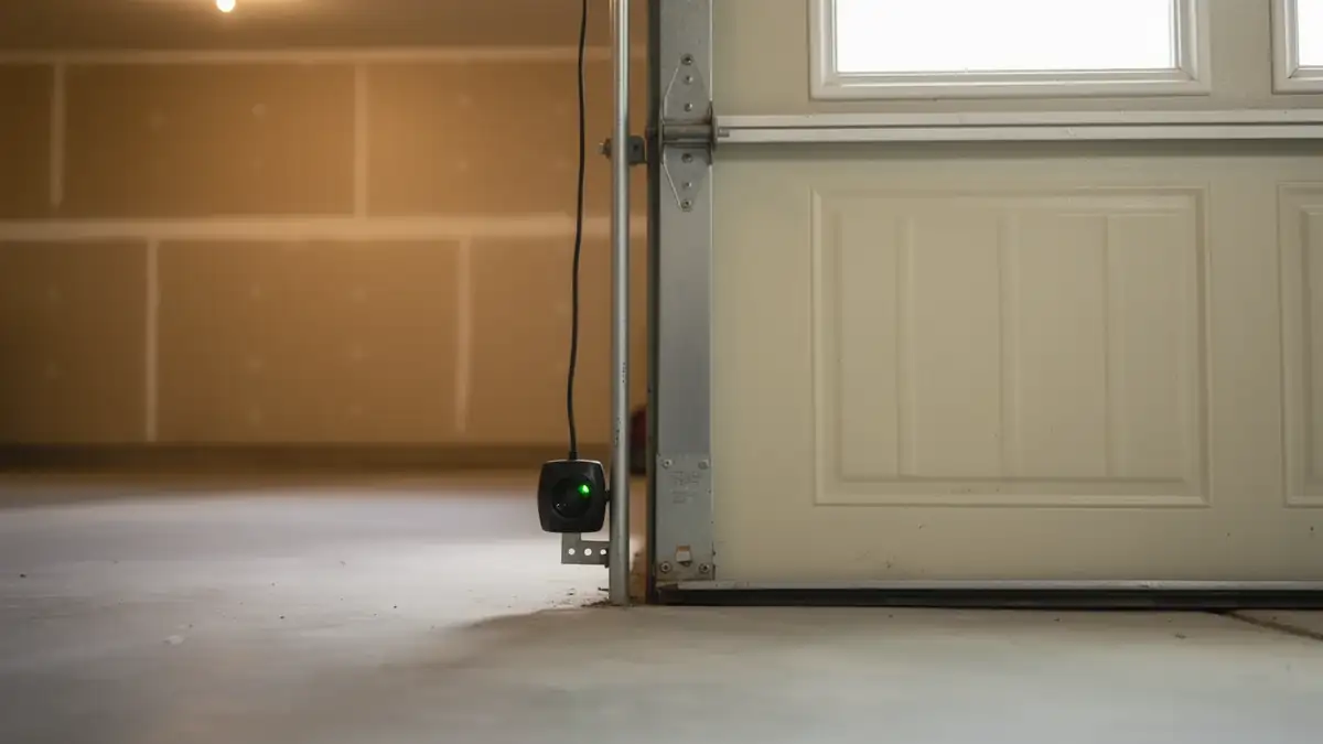 A garage door safety sensor with a green light is mounted near the floor.