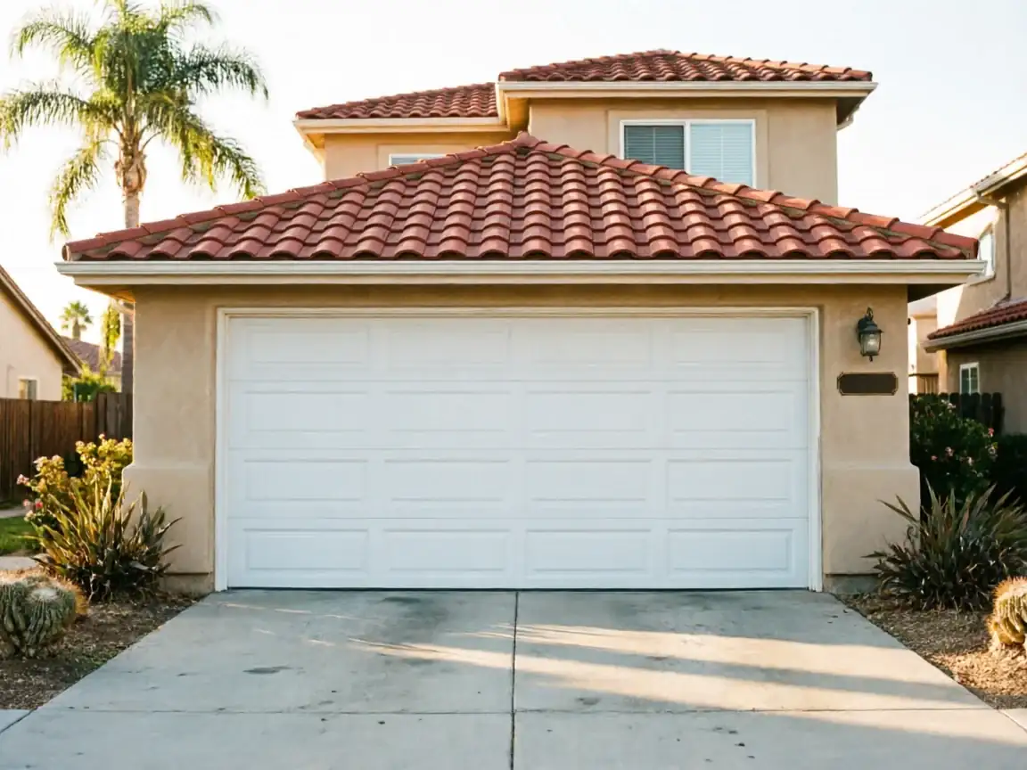 The house has a white garage door, a red tile roof, and a palm tree.