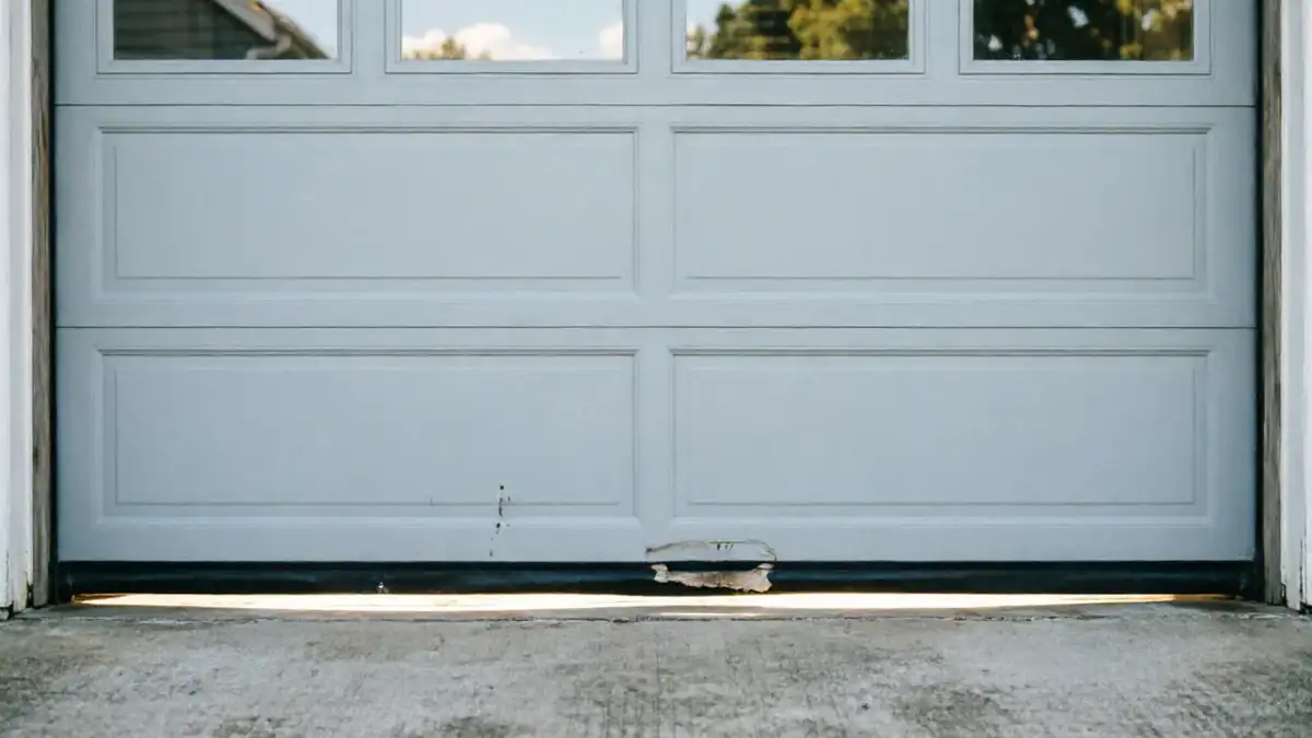 A light gray garage door with windows has a damaged bottom panel.