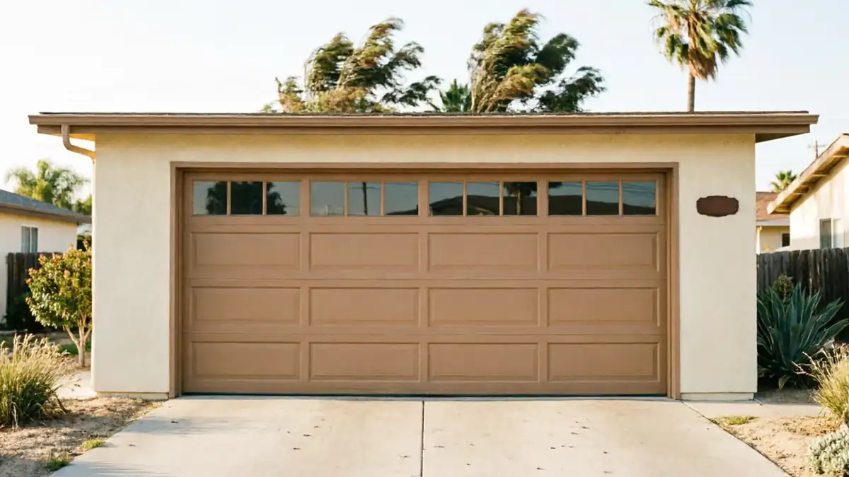 A brown garage door with windows on a beige house.